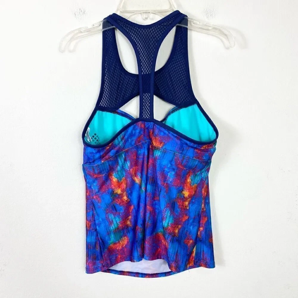 Title Nine Jane Bond Blueberry Marble Print Mesh Cutout Tankini Swim Top Size M